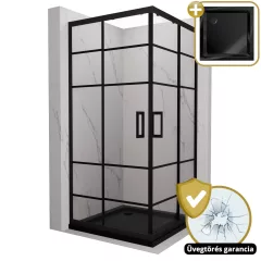   HD Dior Black 80x80 szögletes két tolóajtós zuhanykabin fekete slim zuhanytálcával és fekete szifonnal, fekete elemekkel, 190 cm magas