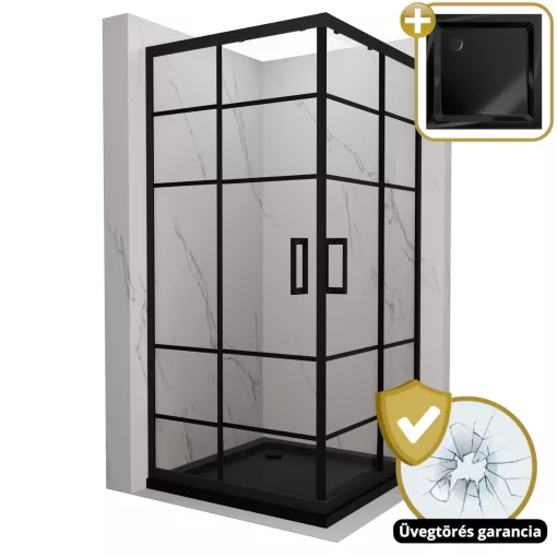 HD Dior Black 80x80 szögletes két tolóajtós zuhanykabin fekete slim zuhanytálcával és fekete szifonnal, fekete elemekkel, 190 cm magas