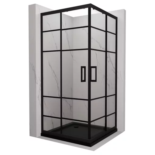 HD Dior Black 80x80 szögletes két tolóajtós zuhanykabin fekete slim zuhanytálcával és fekete szifonnal, fekete elemekkel, 190 cm magas