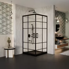 HD Dior Black 80x80 szögletes két tolóajtós zuhanykabin fekete slim zuhanytálcával és fekete szifonnal, fekete elemekkel, 190 cm magas