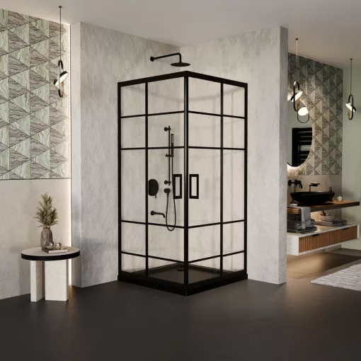 HD Dior Black 80x80 szögletes két tolóajtós zuhanykabin fekete slim zuhanytálcával és fekete szifonnal, fekete elemekkel, 190 cm magas