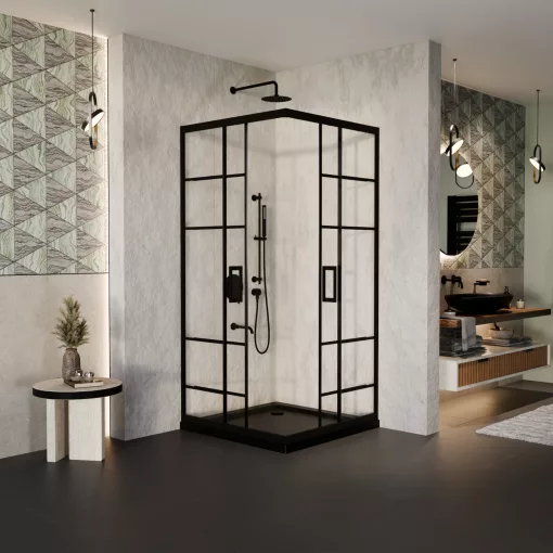 HD Dior Black 80x80 szögletes két tolóajtós zuhanykabin fekete slim zuhanytálcával és fekete szifonnal, fekete elemekkel, 190 cm magas