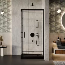 HD Dior Black 80x80 szögletes két tolóajtós zuhanykabin fekete slim zuhanytálcával és fekete szifonnal, fekete elemekkel, 190 cm magas