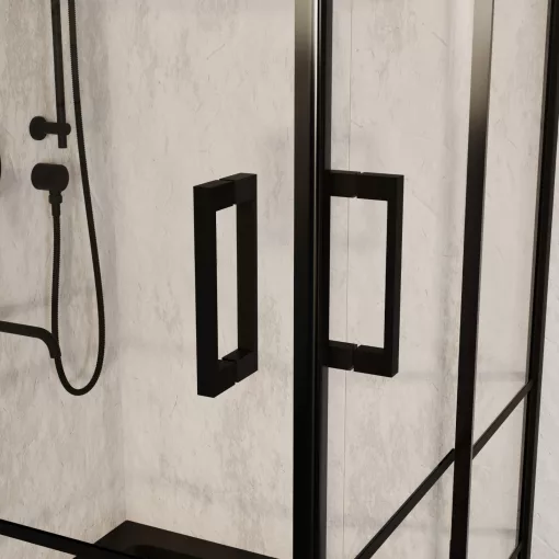 HD Dior Black 80x80 szögletes két tolóajtós zuhanykabin fekete slim zuhanytálcával és fekete szifonnal, fekete elemekkel, 190 cm magas