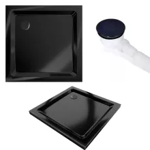 HD Dior Black 80x80 szögletes két tolóajtós zuhanykabin fekete slim zuhanytálcával és fekete szifonnal, fekete elemekkel, 190 cm magas