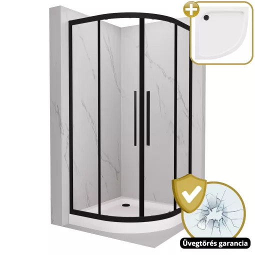 HD Elio+ Black 90x90 íves két tolóajtós zuhanykabin fehér magas zuhanytálcával és fekete szifonnal, fekete elemekkel, 190 cm magas