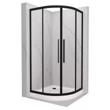 HD Elio+ Black 90x90 íves két tolóajtós zuhanykabin fehér magas zuhanytálcával és fekete szifonnal, fekete elemekkel, 190 cm magas