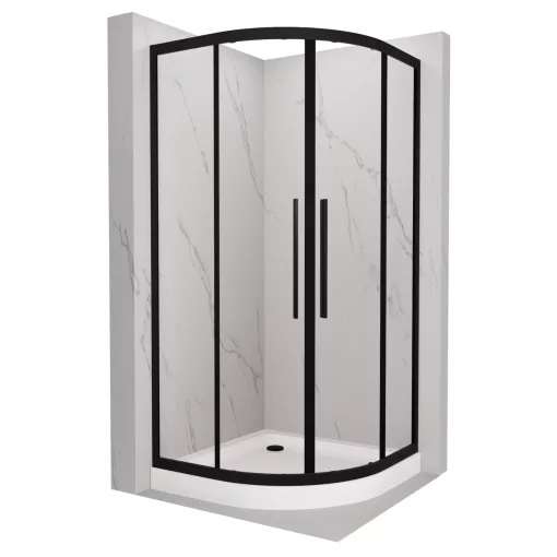 HD Elio+ Black 90x90 íves két tolóajtós zuhanykabin fehér magas zuhanytálcával és fekete szifonnal, fekete elemekkel, 190 cm magas