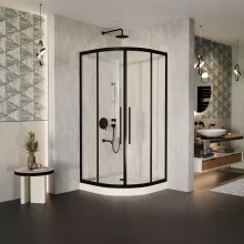 HD Elio+ Black 90x90 íves két tolóajtós zuhanykabin fehér magas zuhanytálcával és fekete szifonnal, fekete elemekkel, 190 cm magas