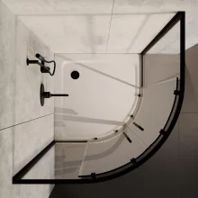 HD Elio+ Black 90x90 íves két tolóajtós zuhanykabin fehér magas zuhanytálcával és fekete szifonnal, fekete elemekkel, 190 cm magas