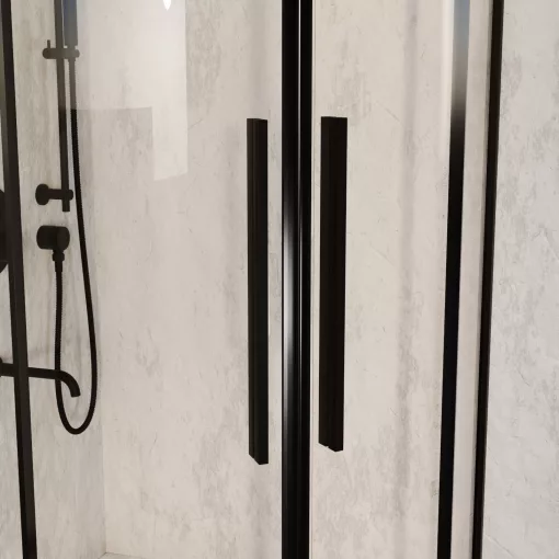 HD Elio+ Black 90x90 íves két tolóajtós zuhanykabin fehér magas zuhanytálcával és fekete szifonnal, fekete elemekkel, 190 cm magas