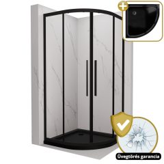   HD Elio+ Black 80x80 íves két tolóajtós zuhanykabin fekete slim zuhanytálcával és fekete szifonnal, fekete elemekkel, 190 cm magas