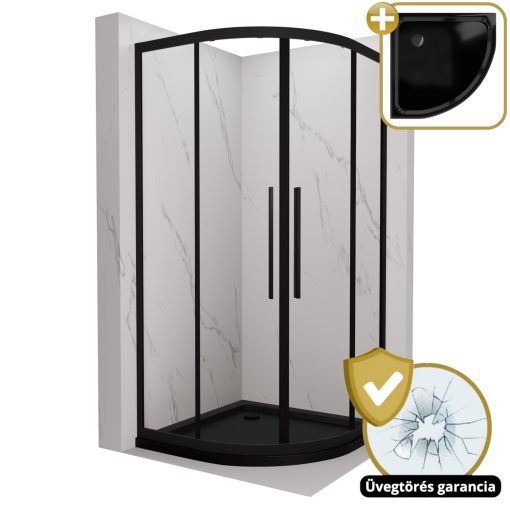 HD Elio+ Black 80x80 íves két tolóajtós zuhanykabin fekete slim zuhanytálcával és fekete szifonnal, fekete elemekkel, 190 cm magas