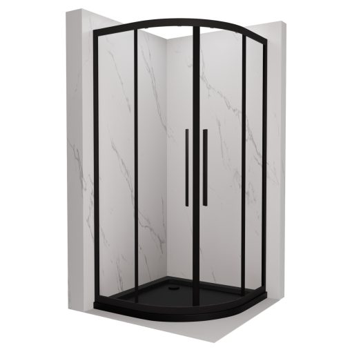HD Elio+ Black 80x80 íves két tolóajtós zuhanykabin fekete slim zuhanytálcával és fekete szifonnal, fekete elemekkel, 190 cm magas