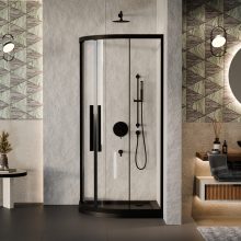 HD Elio+ Black 80x80 íves két tolóajtós zuhanykabin fekete slim zuhanytálcával és fekete szifonnal, fekete elemekkel, 190 cm magas