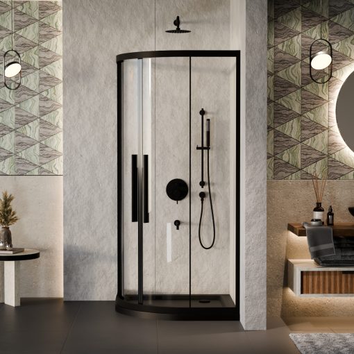 HD Elio+ Black 80x80 íves két tolóajtós zuhanykabin fekete slim zuhanytálcával és fekete szifonnal, fekete elemekkel, 190 cm magas