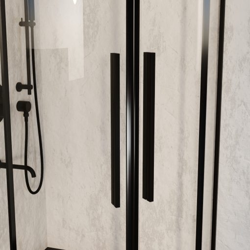 HD Elio+ Black 80x80 íves két tolóajtós zuhanykabin fekete slim zuhanytálcával és fekete szifonnal, fekete elemekkel, 190 cm magas