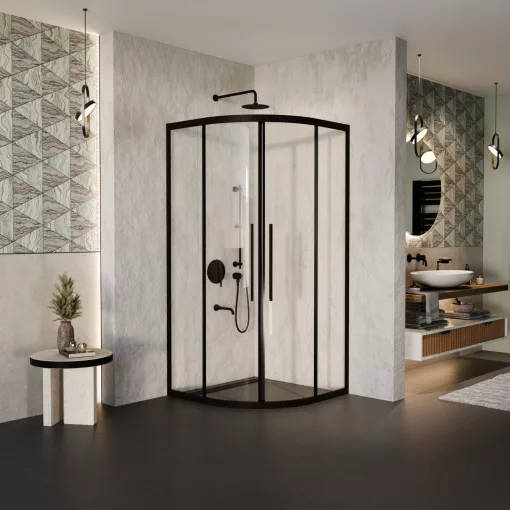 HD Elio+ Black 80x80 íves két tolóajtós zuhanykabin 6 mm vastag vízlepergető biztonsági üveggel, fekete elemekkel, 190 cm magas
