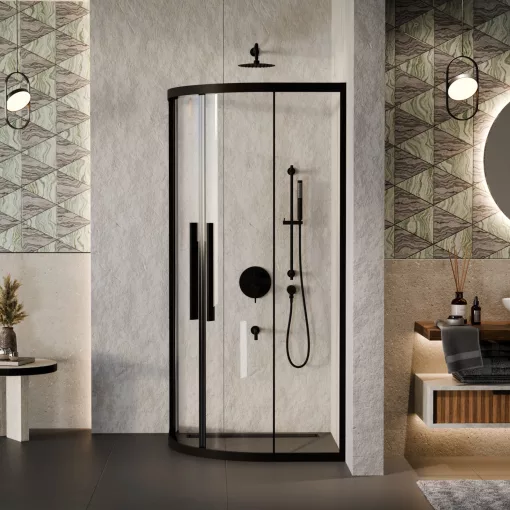 HD Elio+ Black 80x80 íves két tolóajtós zuhanykabin 6 mm vastag vízlepergető biztonsági üveggel, fekete elemekkel, 190 cm magas