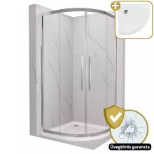HD Elio+ 90x90 íves két tolóajtós zuhanykabin fehér slim zuhanytálcával és króm szifonnal, krómozott elemekkel, 190 cm magas