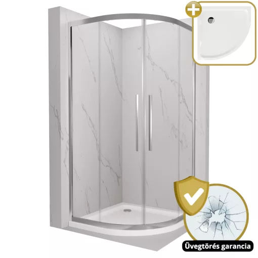 HD Elio+ 90x90 íves két tolóajtós zuhanykabin fehér slim zuhanytálcával és króm szifonnal, krómozott elemekkel, 190 cm magas