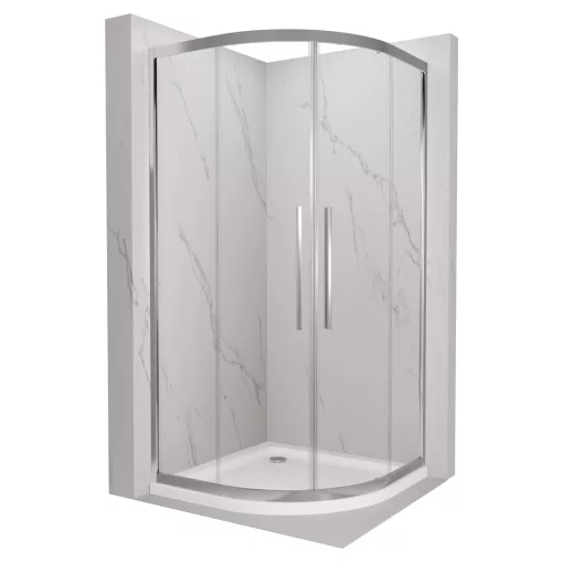 HD Elio+ 90x90 íves két tolóajtós zuhanykabin fehér slim zuhanytálcával és króm szifonnal, krómozott elemekkel, 190 cm magas