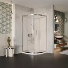 HD Elio+ 90x90 íves két tolóajtós zuhanykabin fehér slim zuhanytálcával és króm szifonnal, krómozott elemekkel, 190 cm magas