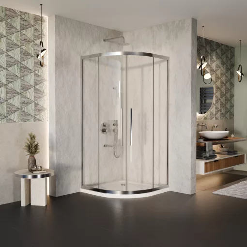 HD Elio+ 90x90 íves két tolóajtós zuhanykabin fehér slim zuhanytálcával és króm szifonnal, krómozott elemekkel, 190 cm magas