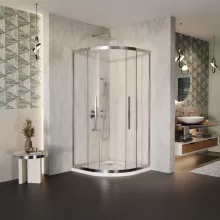 HD Elio+ 90x90 íves két tolóajtós zuhanykabin fehér slim zuhanytálcával és króm szifonnal, krómozott elemekkel, 190 cm magas