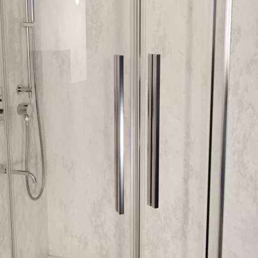 HD Elio+ 90x90 íves két tolóajtós zuhanykabin fehér slim zuhanytálcával és króm szifonnal, krómozott elemekkel, 190 cm magas