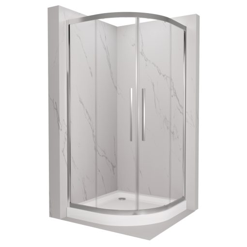 HD Elio+ 80x80 íves két tolóajtós zuhanykabin fehér magas zuhanytálcával és króm szifonnal, krómozott elemekkel, 190 cm magas