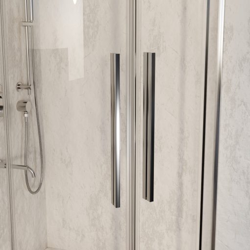 HD Elio+ 80x80 íves két tolóajtós zuhanykabin fehér magas zuhanytálcával és króm szifonnal, krómozott elemekkel, 190 cm magas