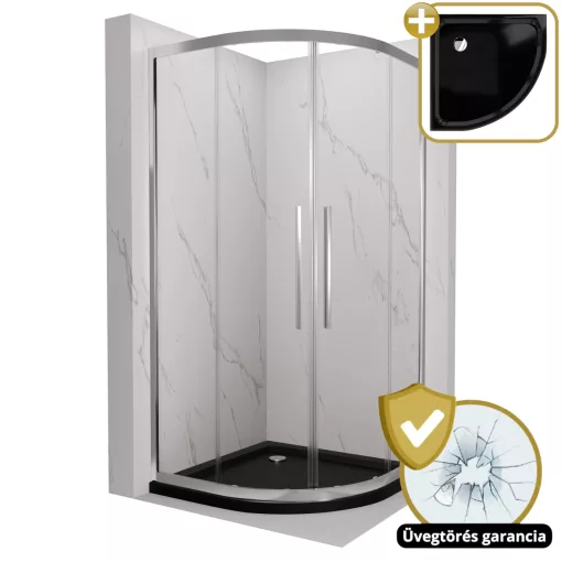 HD Elio+ 80x80 íves két tolóajtós zuhanykabin fekete slim zuhanytálcával és króm szifonnal, krómozott elemekkel, 190 cm magas