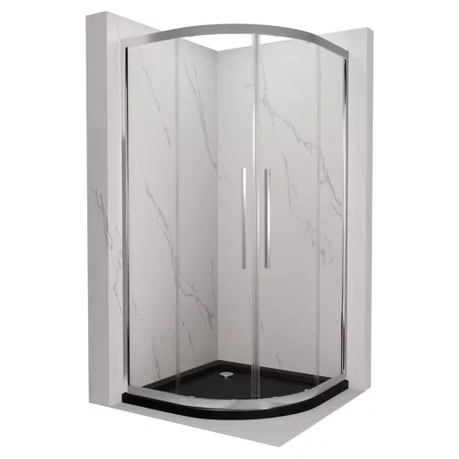 HD Elio+ 80x80 íves két tolóajtós zuhanykabin fekete slim zuhanytálcával és króm szifonnal, krómozott elemekkel, 190 cm magas