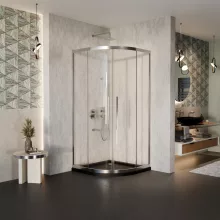 HD Elio+ 80x80 íves két tolóajtós zuhanykabin fekete slim zuhanytálcával és króm szifonnal, krómozott elemekkel, 190 cm magas