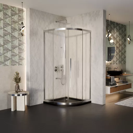 HD Elio+ 80x80 íves két tolóajtós zuhanykabin fekete slim zuhanytálcával és króm szifonnal, krómozott elemekkel, 190 cm magas