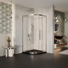 HD Elio+ 80x80 íves két tolóajtós zuhanykabin fekete slim zuhanytálcával és króm szifonnal, krómozott elemekkel, 190 cm magas