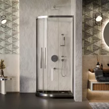 HD Elio+ 80x80 íves két tolóajtós zuhanykabin fekete slim zuhanytálcával és króm szifonnal, krómozott elemekkel, 190 cm magas
