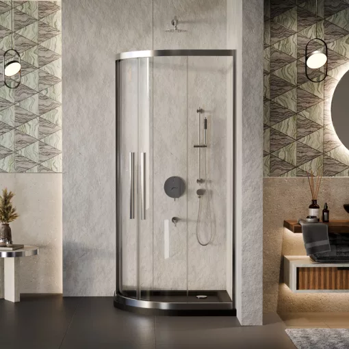 HD Elio+ 80x80 íves két tolóajtós zuhanykabin fekete slim zuhanytálcával és króm szifonnal, krómozott elemekkel, 190 cm magas