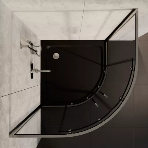 HD Elio+ 80x80 íves két tolóajtós zuhanykabin fekete slim zuhanytálcával és króm szifonnal, krómozott elemekkel, 190 cm magas