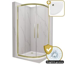 HD Elio+ Gold 90x90 íves két tolóajtós zuhanykabin fehér slim zuhanytálcával és arany szifonnal, arany elemekkel, 190 cm magas