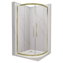 HD Elio+ Gold 90x90 íves két tolóajtós zuhanykabin fehér slim zuhanytálcával és arany szifonnal, arany elemekkel, 190 cm magas