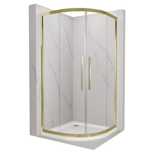 HD Elio+ Gold 90x90 íves két tolóajtós zuhanykabin fehér slim zuhanytálcával és arany szifonnal, arany elemekkel, 190 cm magas