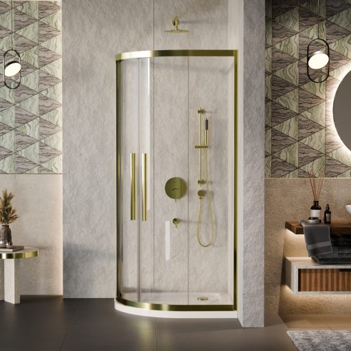 HD Elio+ Gold 90x90 íves két tolóajtós zuhanykabin fehér slim zuhanytálcával és arany szifonnal, arany elemekkel, 190 cm magas