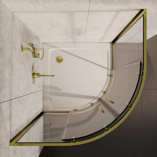 HD Elio+ Gold 90x90 íves két tolóajtós zuhanykabin fehér slim zuhanytálcával és arany szifonnal, arany elemekkel, 190 cm magas