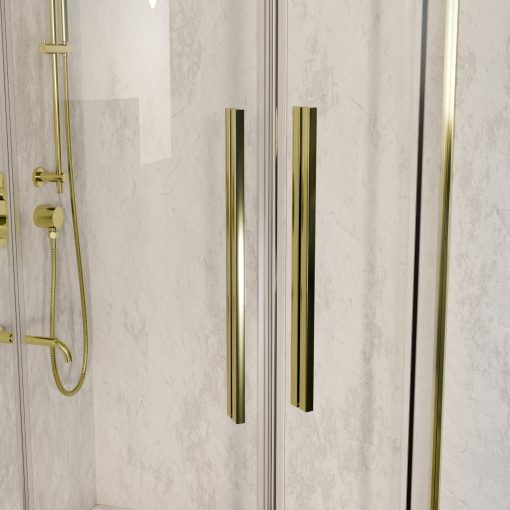 HD Elio+ Gold 90x90 íves két tolóajtós zuhanykabin fehér slim zuhanytálcával és arany szifonnal, arany elemekkel, 190 cm magas