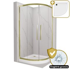   HD Elio+ Gold 80x80 íves két tolóajtós zuhanykabin fehér magas zuhanytálcával és arany szifonnal, arany elemekkel, 190 cm magas