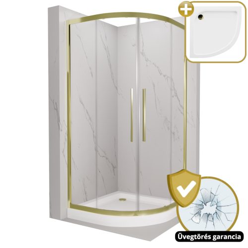 HD Elio+ Gold 90x90 íves két tolóajtós zuhanykabin fehér magas zuhanytálcával és arany szifonnal, arany elemekkel, 190 cm magas