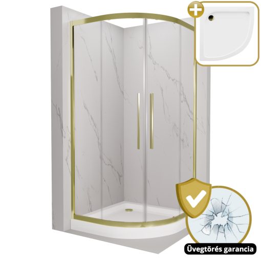 HD Elio+ Gold 80x80 íves két tolóajtós zuhanykabin fehér magas zuhanytálcával és arany szifonnal, arany elemekkel, 190 cm magas