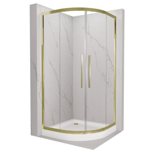 HD Elio+ Gold 80x80 íves két tolóajtós zuhanykabin fehér magas zuhanytálcával és arany szifonnal, arany elemekkel, 190 cm magas